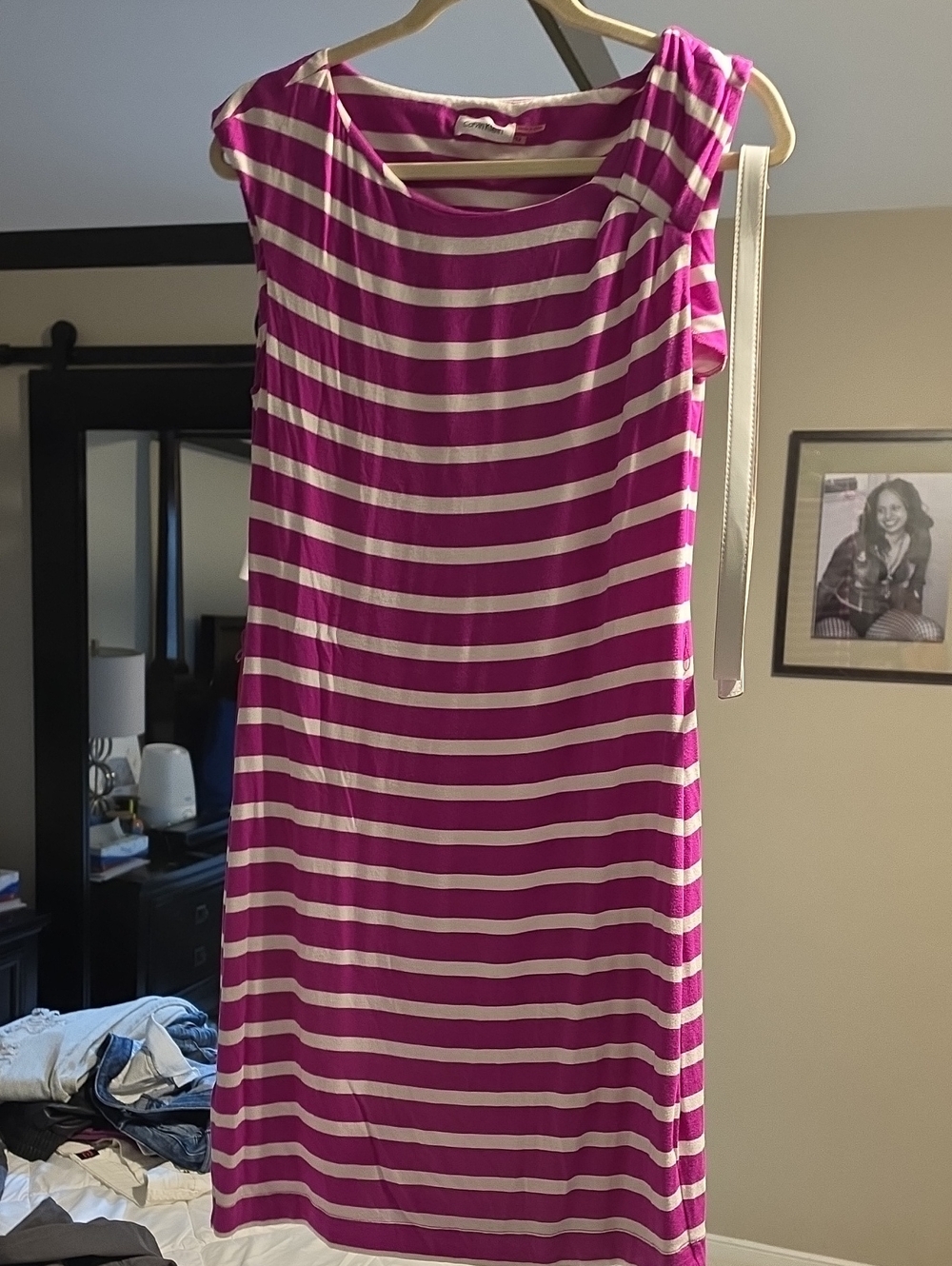 Calvin Klein Magenta and White Striped Midi Shift Dress w/belt